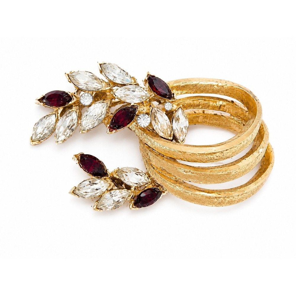 Vintage BSK Mid Century Gold Tone Brooch Purple Clear Rhinestone Pin